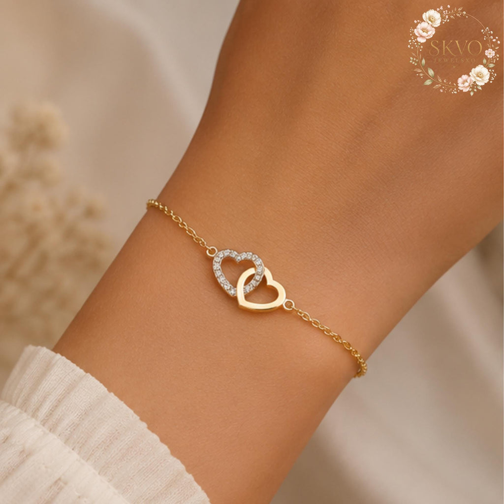 Gold Heart Bracelet, Interlocking Heart Bracelet, Dainty Crystal Bracelet, Romantic Jewelry Gift for Her