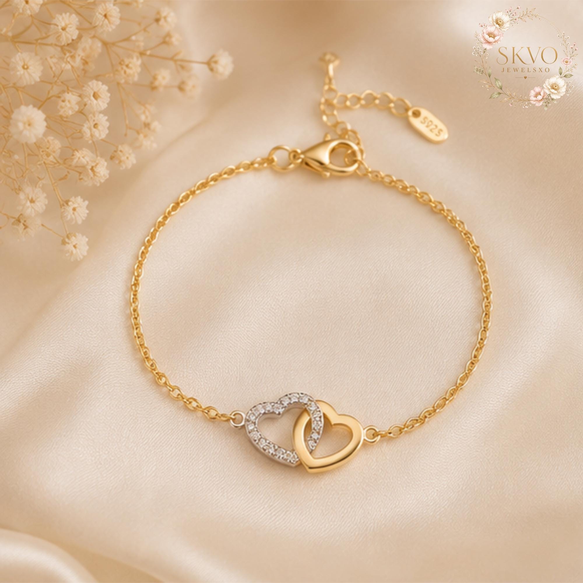 Gold Heart Bracelet, Interlocking Heart Bracelet, Dainty Crystal Bracelet, Romantic Jewelry Gift for Her