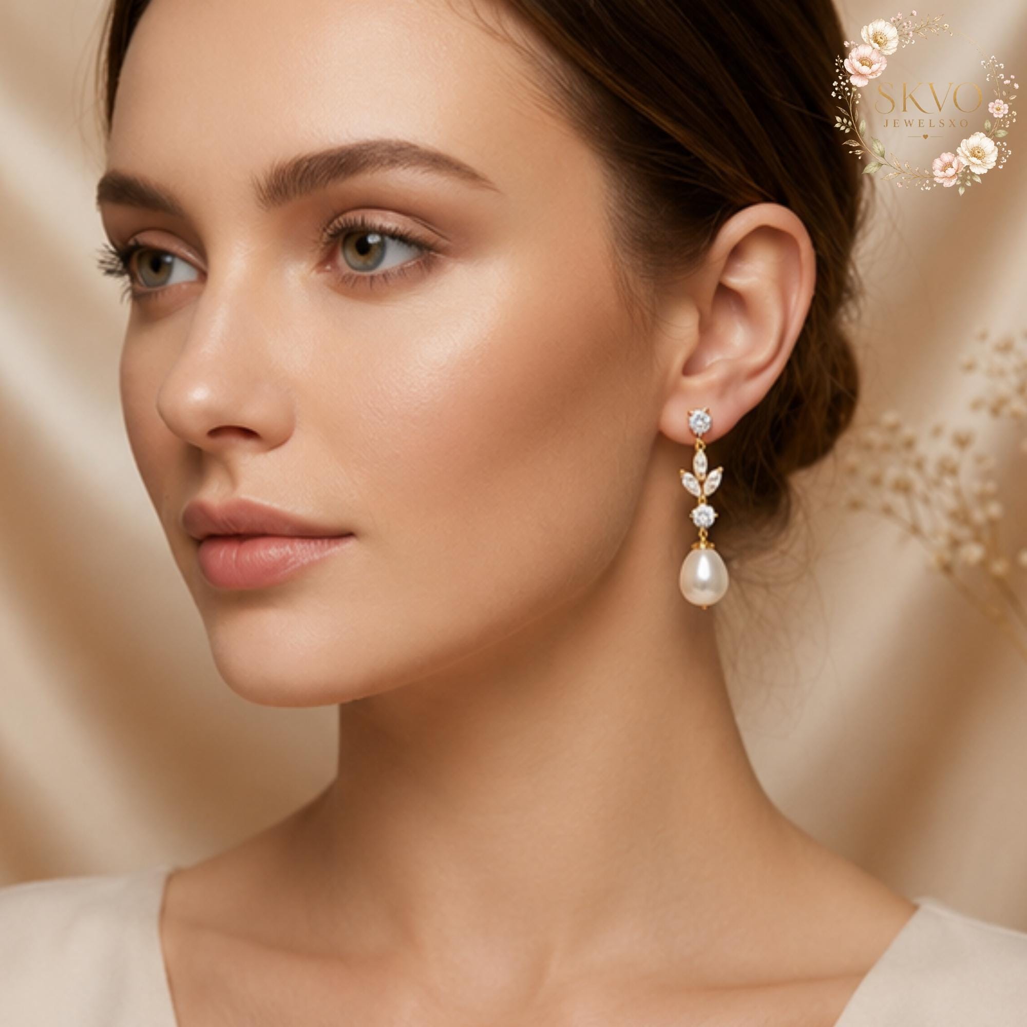 Pearl Drop Earrings, Gold Crystal Bridal Earrings, Dainty Pearl Earrings, Elegant Wedding Jewelry Gift for Her