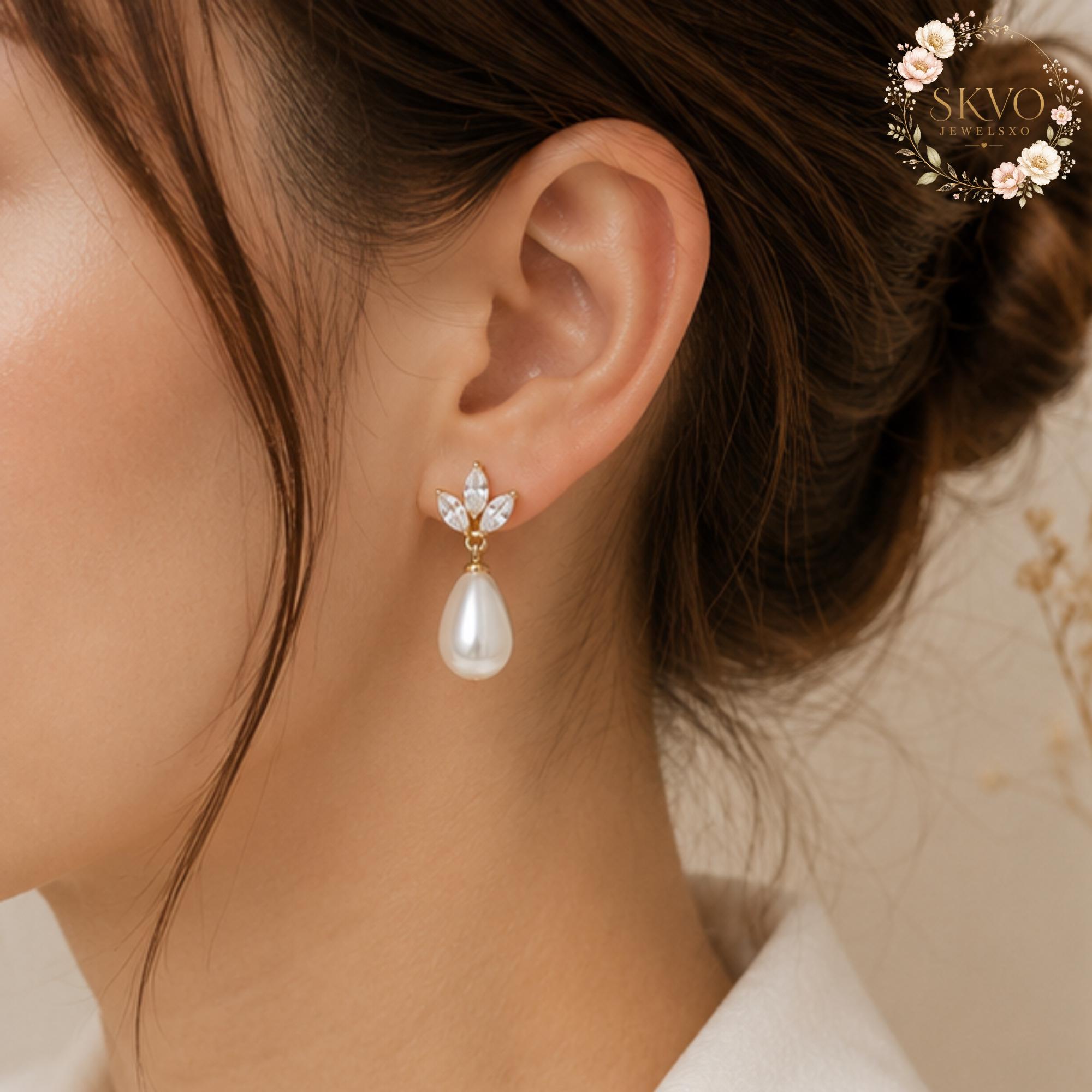 Pearl Drop Earrings, Gold Pearl Earrings, Bridal Pearl Earrings, Dainty Wedding Earrings, Elegant Gift for Her