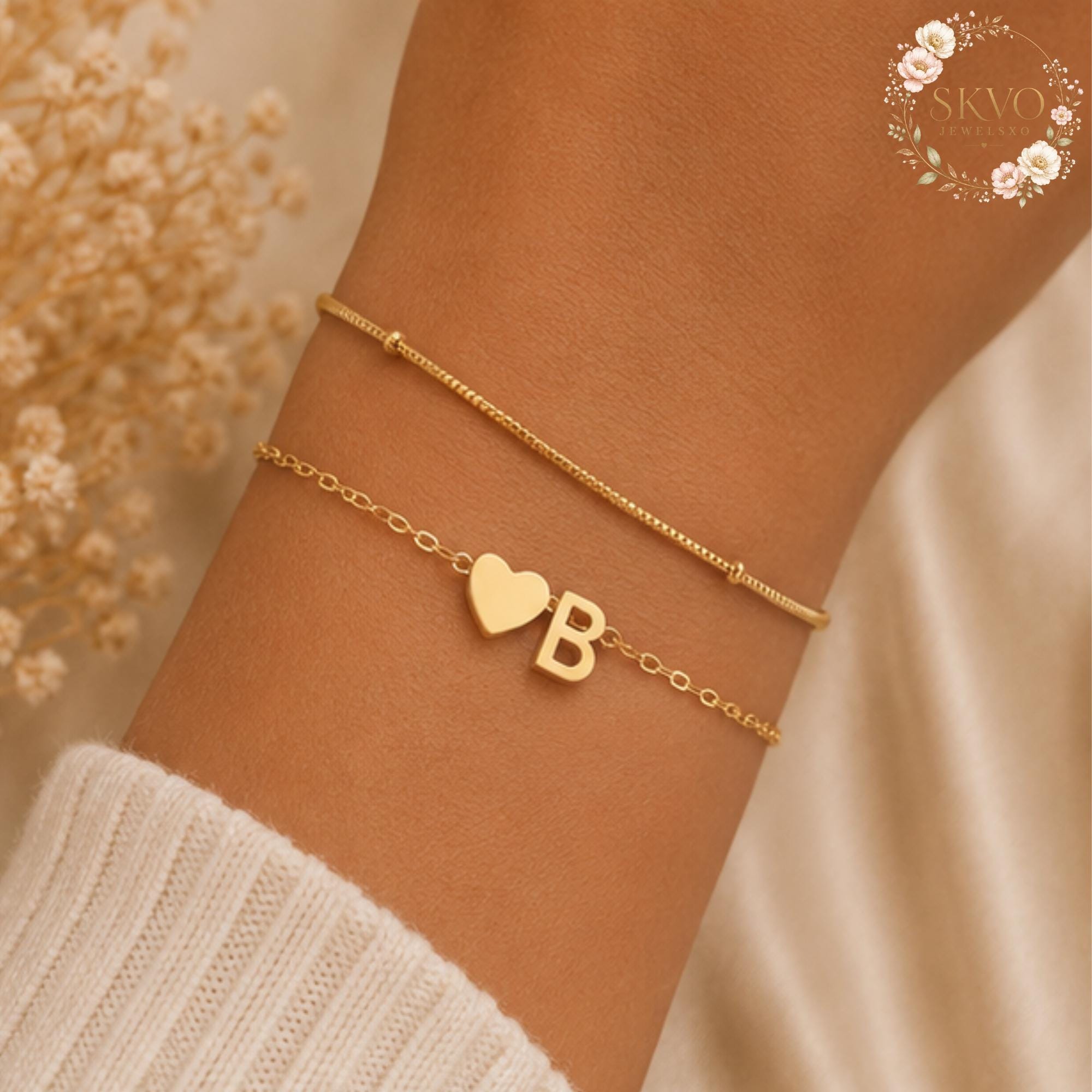 Custom Initial Bracelet, Heart Letter Bracelet, Personalized Gold Bracelet, Initial Charm Bracelet, Gift for Her
