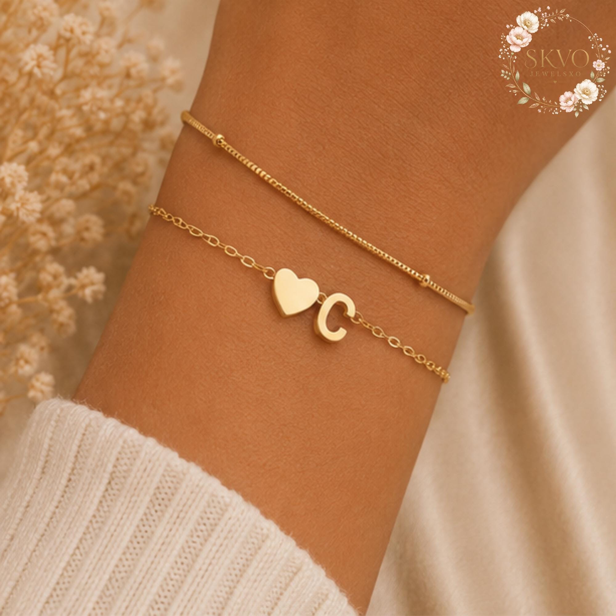 Custom Initial Bracelet, Heart Letter Bracelet, Personalized Gold Bracelet, Initial Charm Bracelet, Gift for Her