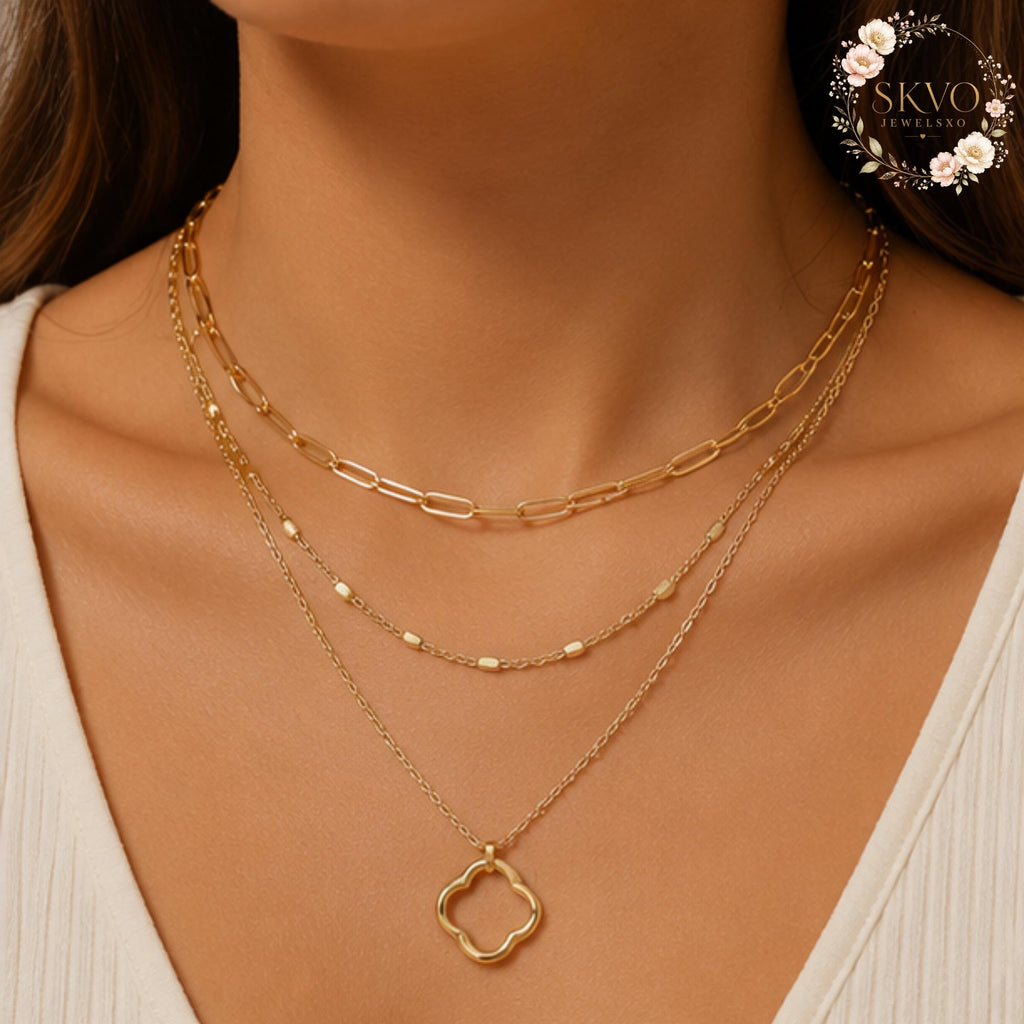 Layered Gold Necklace, Clover Pendant Necklace, Multi Strand Necklace, Dainty Chain Necklace, Everyday Jewelry Gift