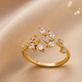 Gold Leaf Ring, Adjustable Crystal Ring, Dainty Floral Ring, Open Band Ring, Nature Inspired Jewelry Gift for Her
