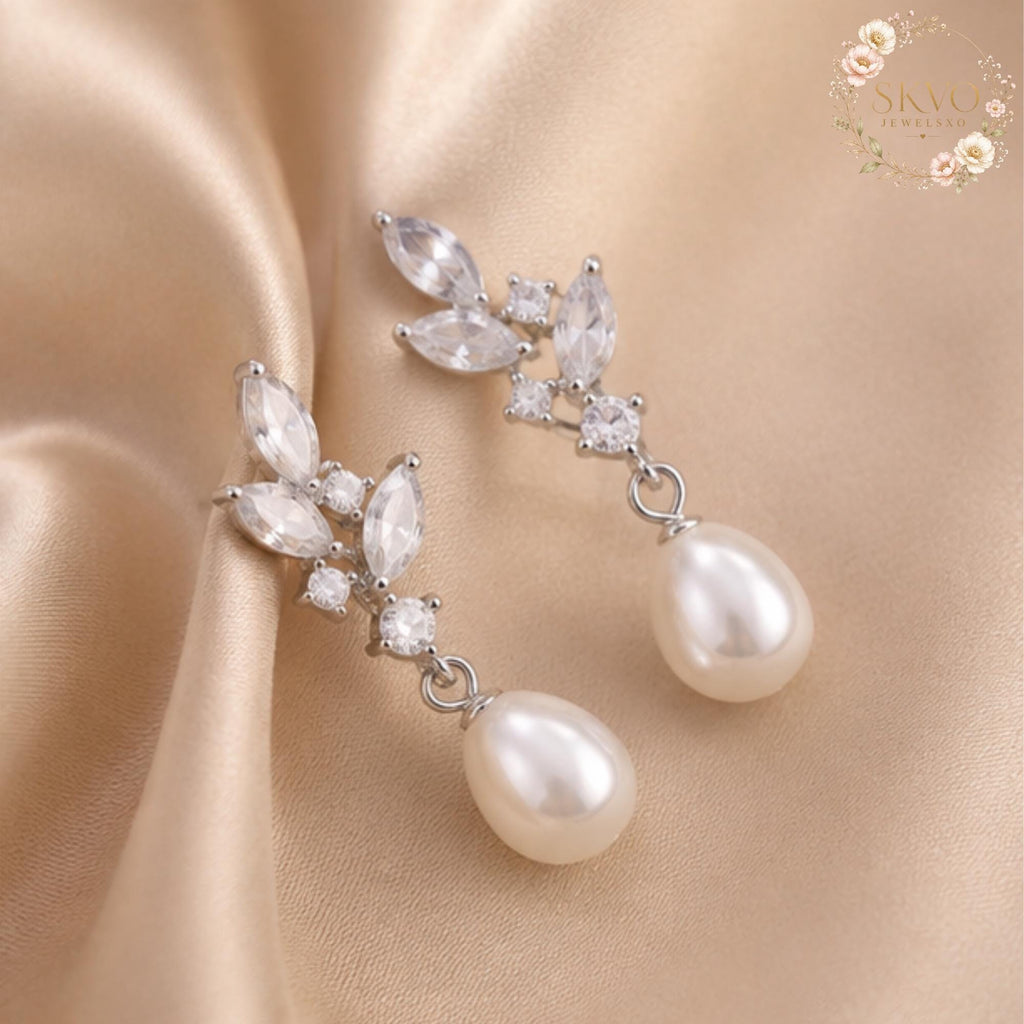 Silver Pearl Drop Earrings, Crystal Leaf Earrings, Bridal Pearl Earrings, Elegant Wedding Jewelry Gift for Her