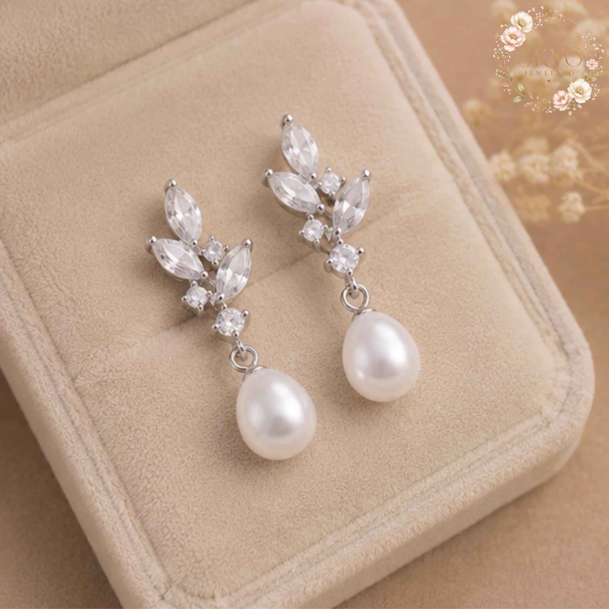 Silver Pearl Drop Earrings, Crystal Leaf Earrings, Bridal Pearl Earrings, Elegant Wedding Jewelry Gift for Her